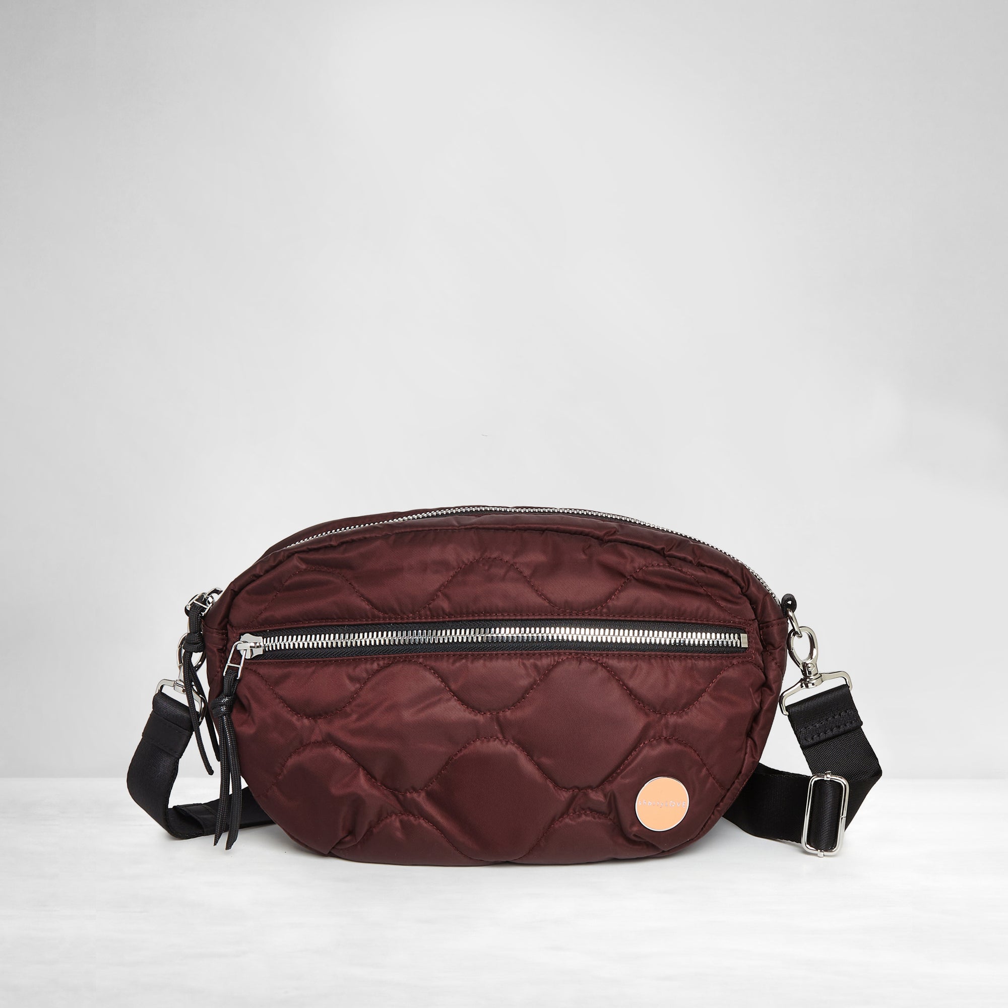 shortyLOVE cruiser medium crossbody bag in bordeaux; front view against white background.