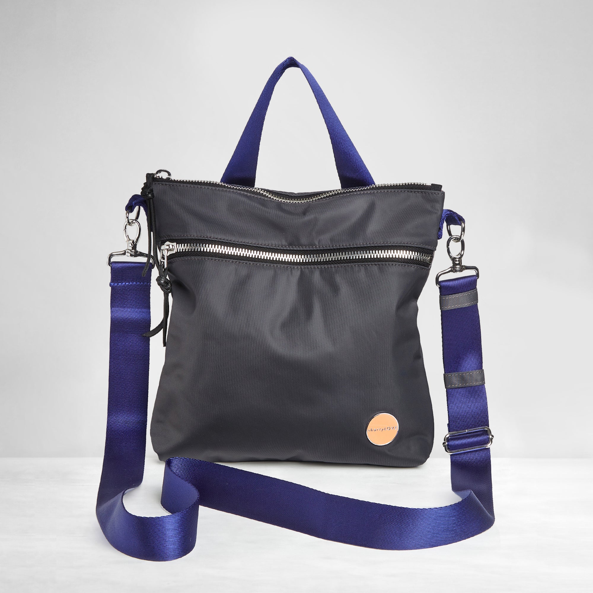 shortyLOVE amuse medium sized crossbody bag in charcoal; front view against white background.