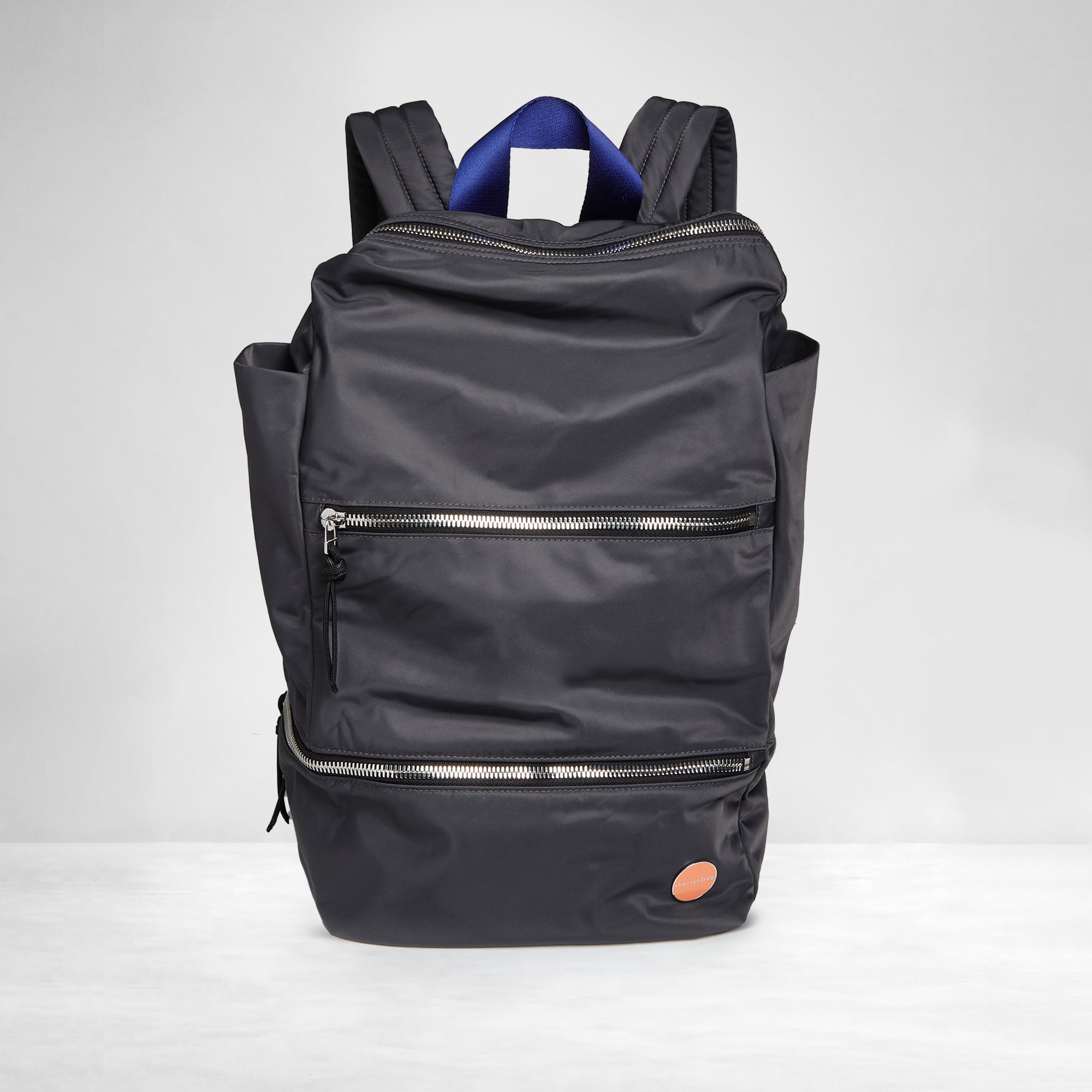shortyLOVE boxer backpack in charcoal; front view against white background.