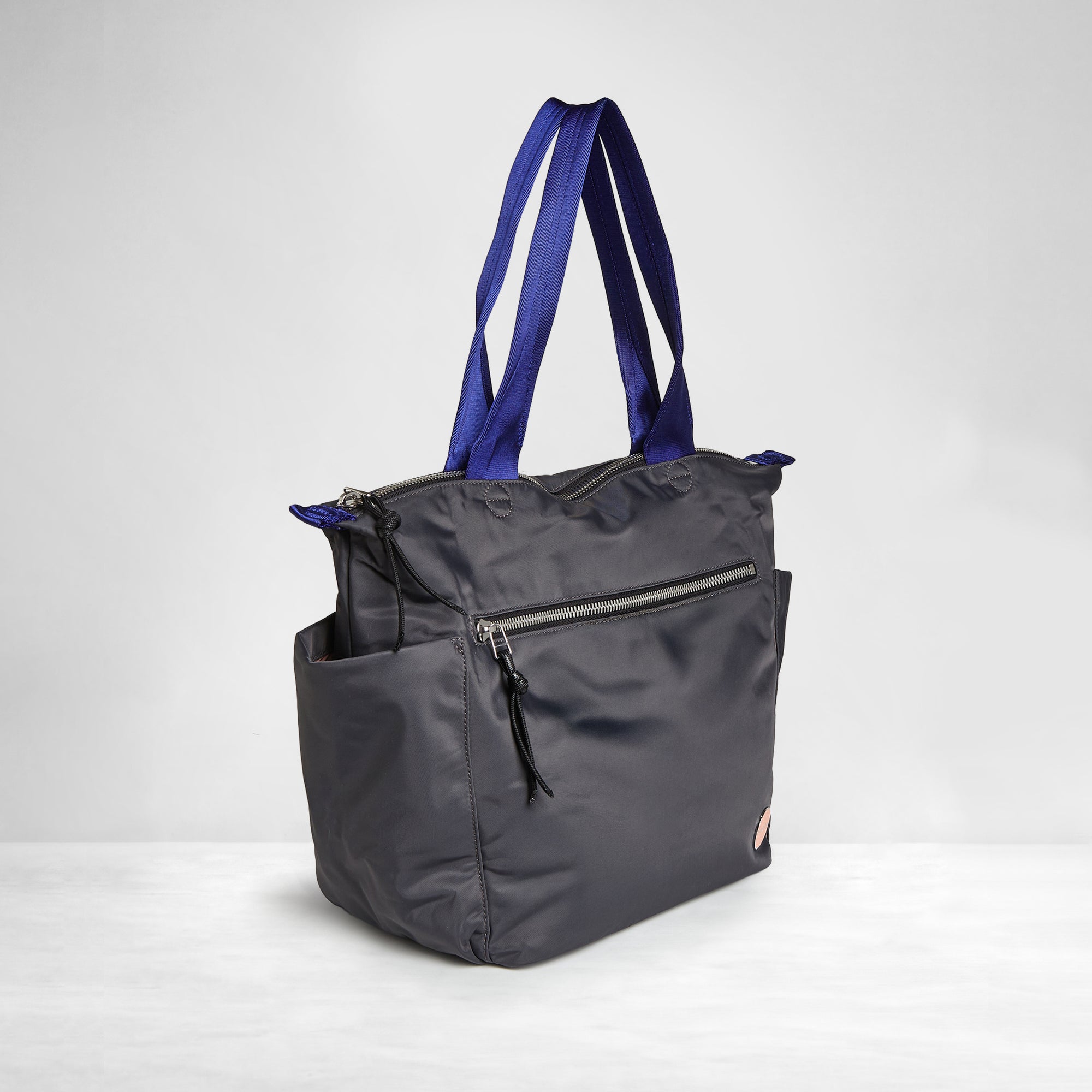 shortyLOVE tillie tote bag in charcoal; side angle view against white background.