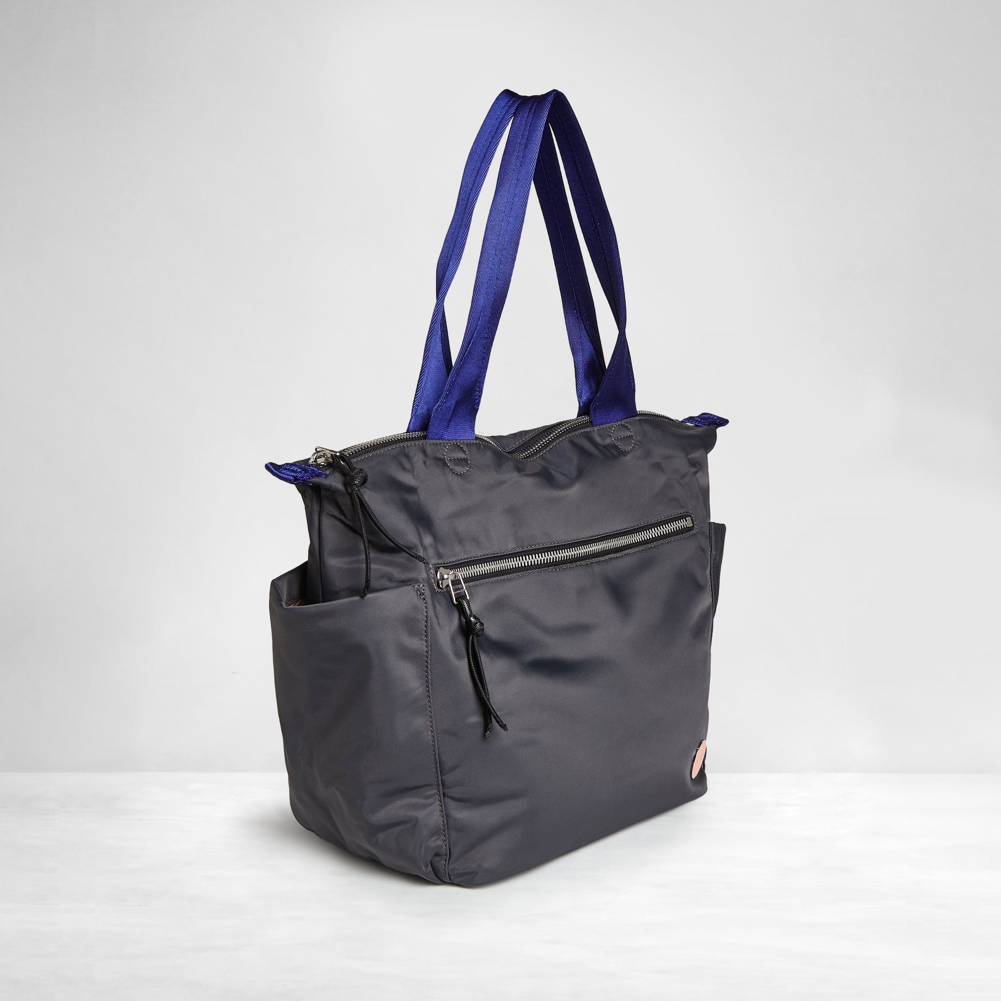 shortyLOVE tillie tote bag in charcoal; side angle view against white background.