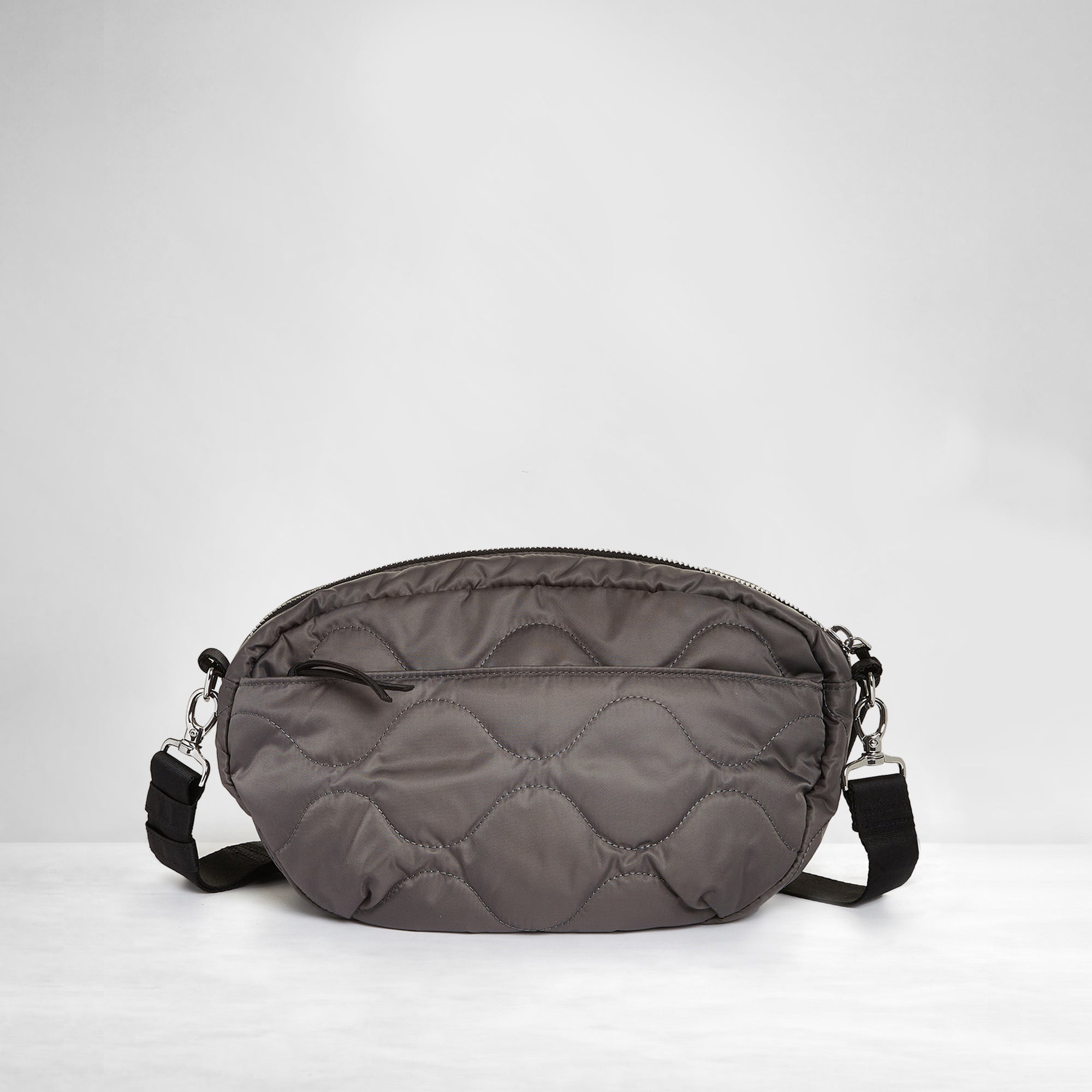 shortyLOVE cruiser medium crossbody bag in pewter; back view against white background.