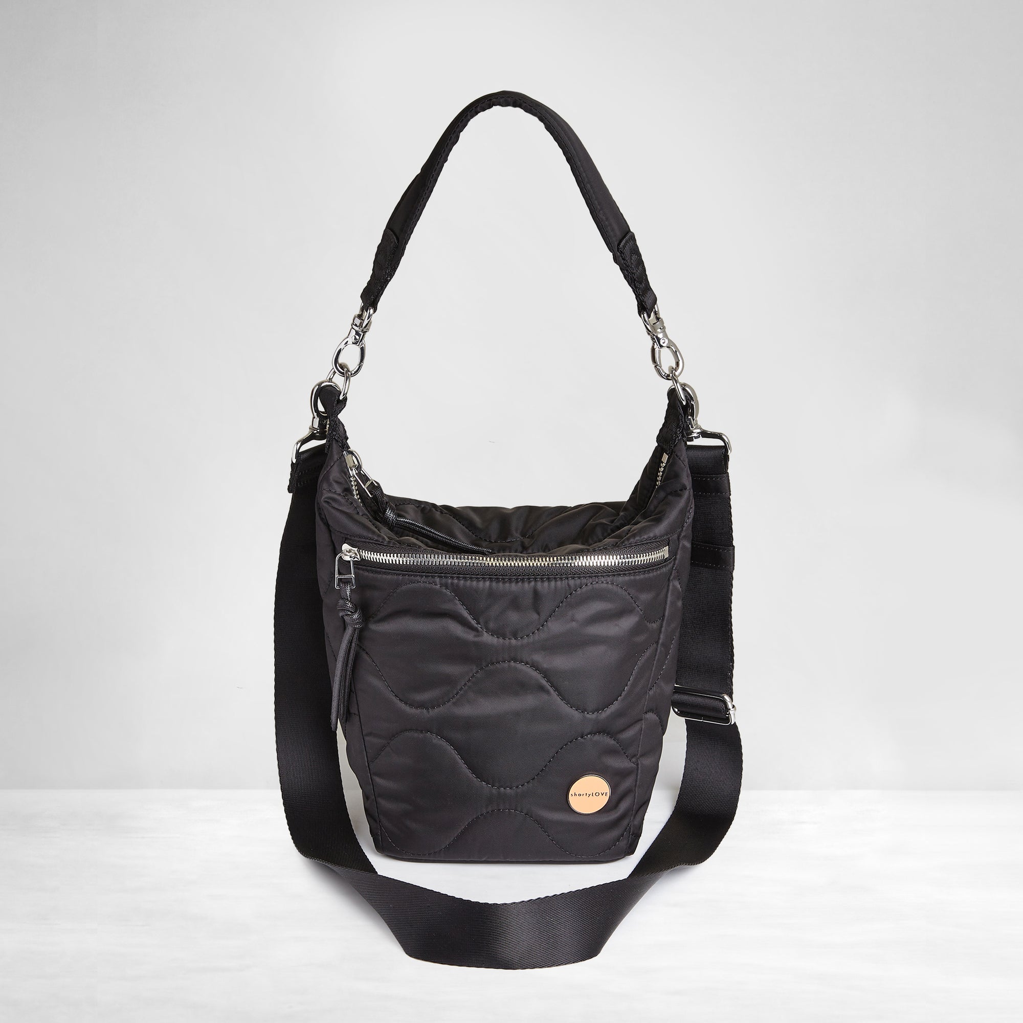 shortyLOVE marcel women’s nylon crossbody bucket handbag in black; front view against white background