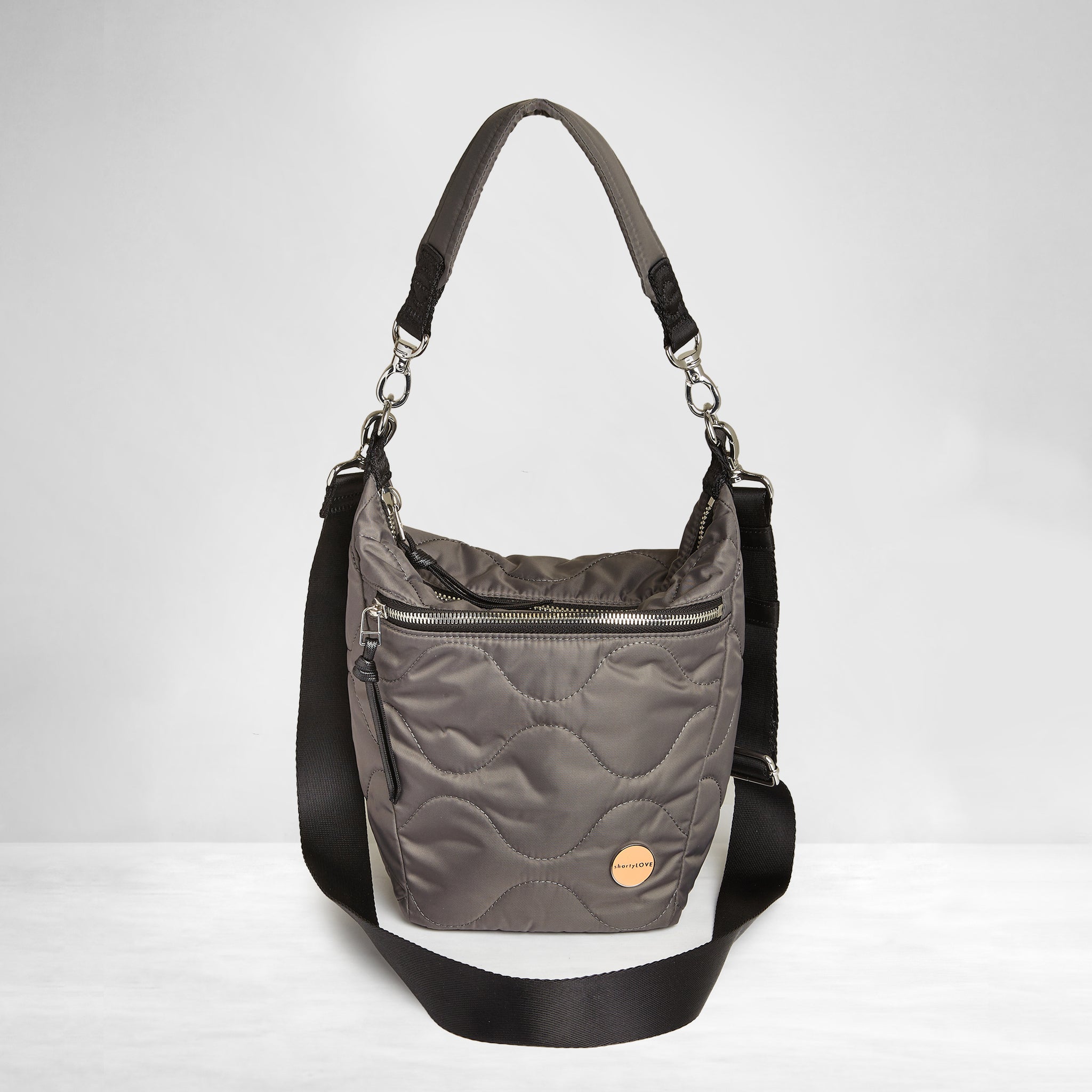 shortyLOVE marcel crossbody bucket bag in pewter; front view against white background.