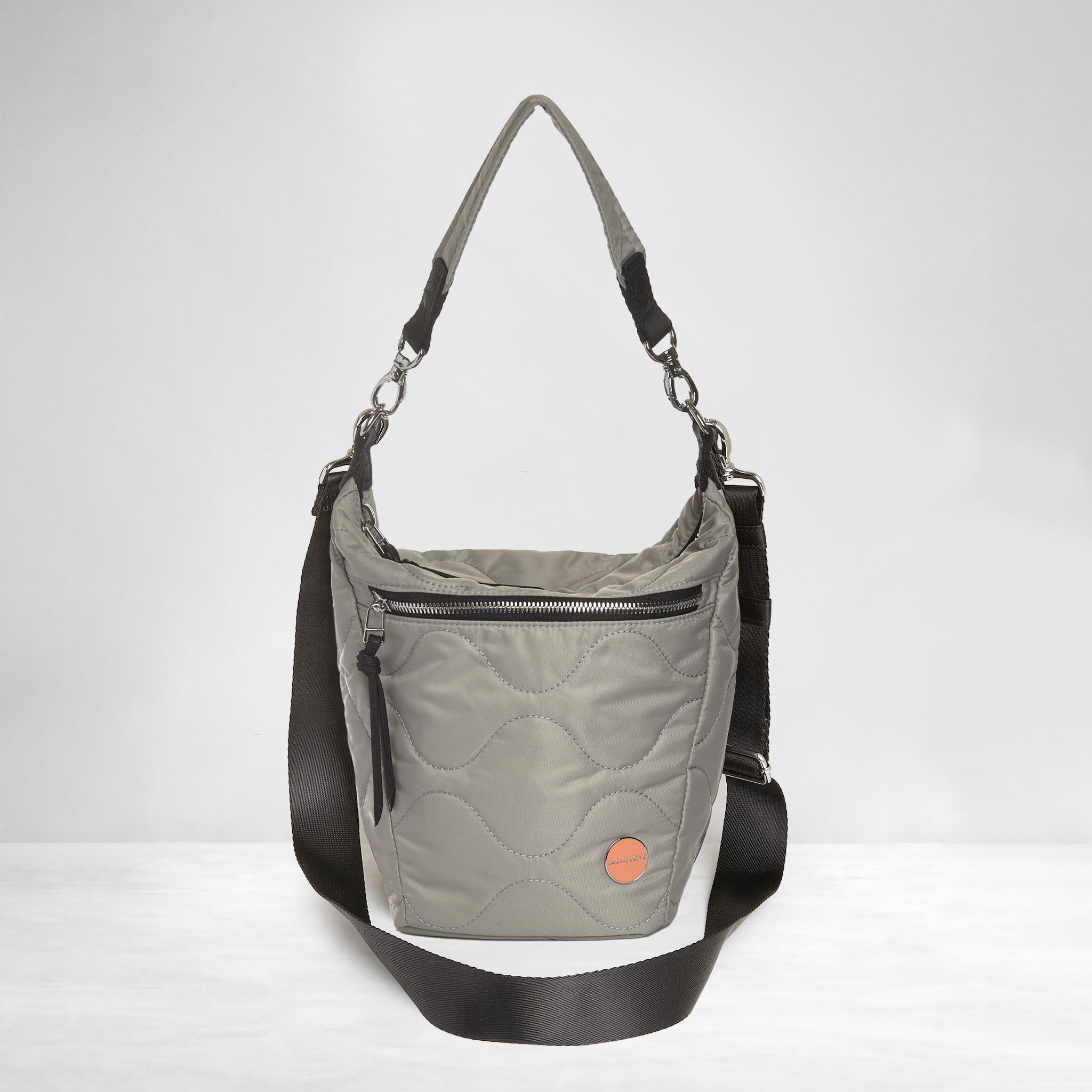 shortyLOVE marcel crossbody bucket bag in milky grey; front view against white background.