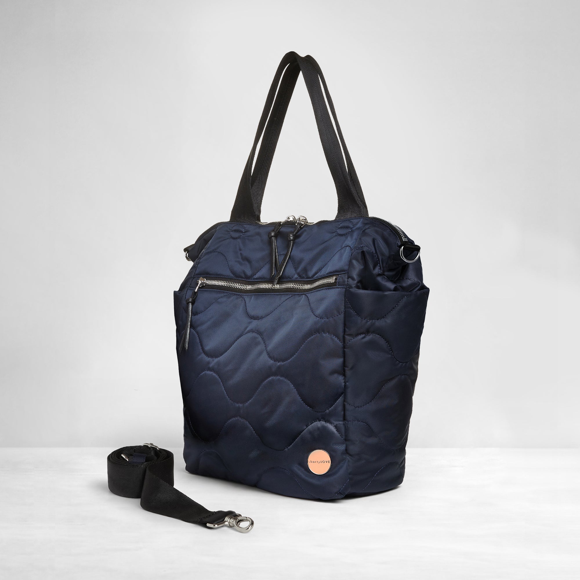 shortyLOVE ranger large tote bag in midnight; side view against white background.