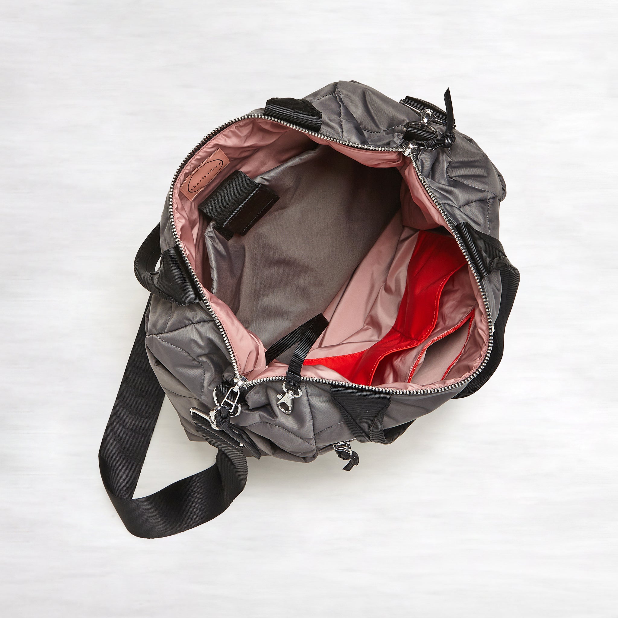 shortyLOVE ranger large tote bag in pewter; top-down view showing interior blush lining against white background.