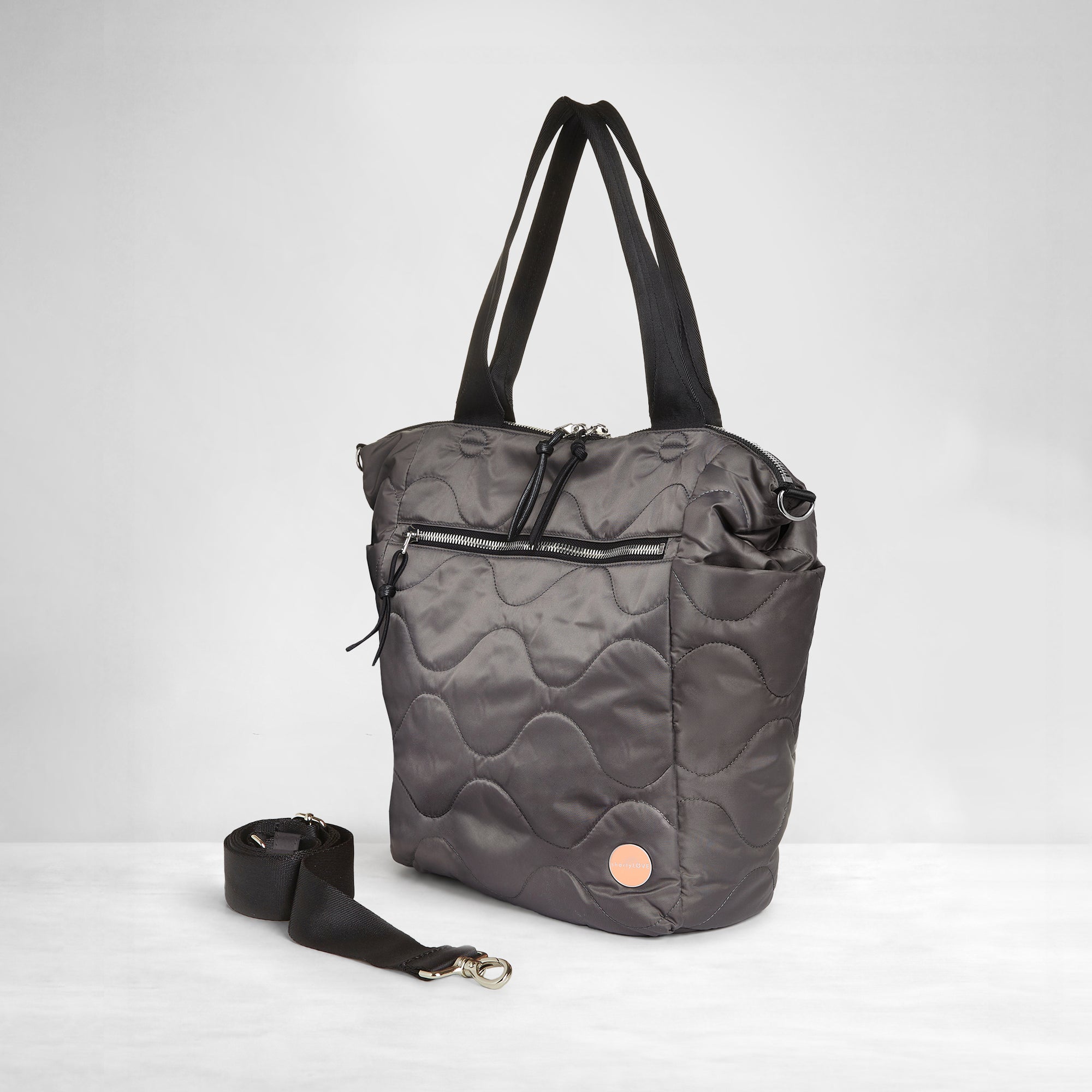 shortyLOVE ranger large tote bag in pewter; side view against white background.