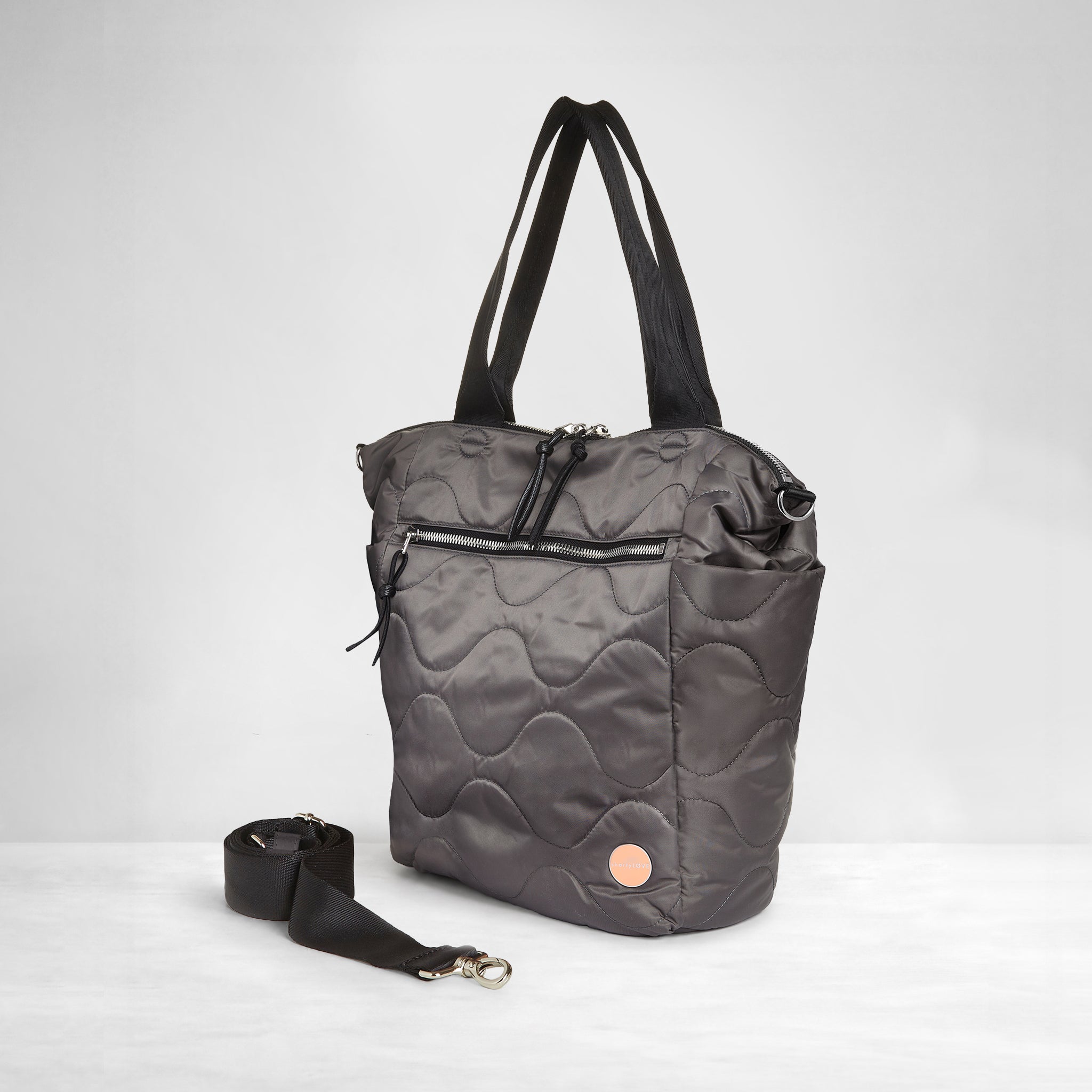 shortyLOVE ranger large tote bag in pewter; side view against white background.