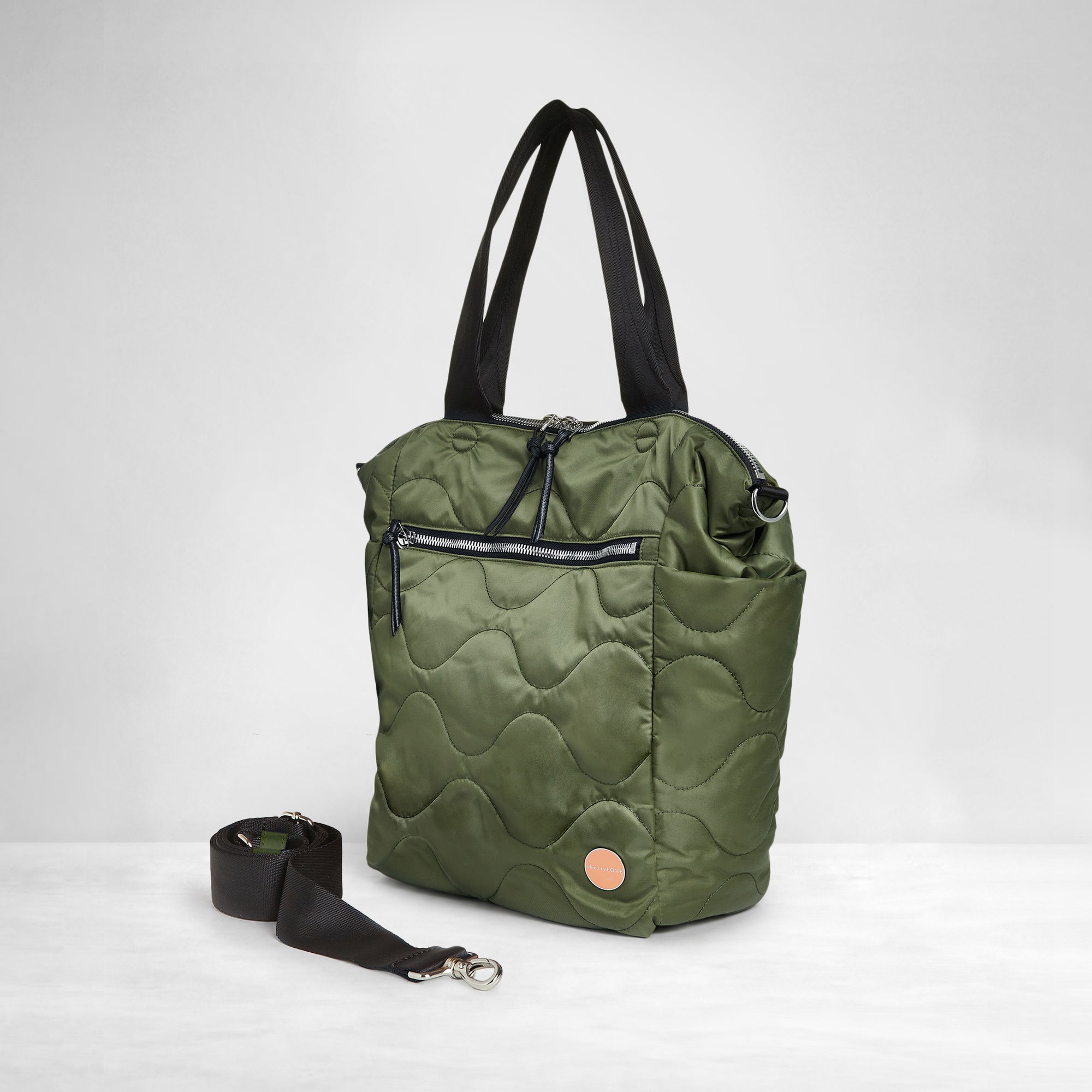 shortyLOVE ranger large tote bag in sage; side view against white background.