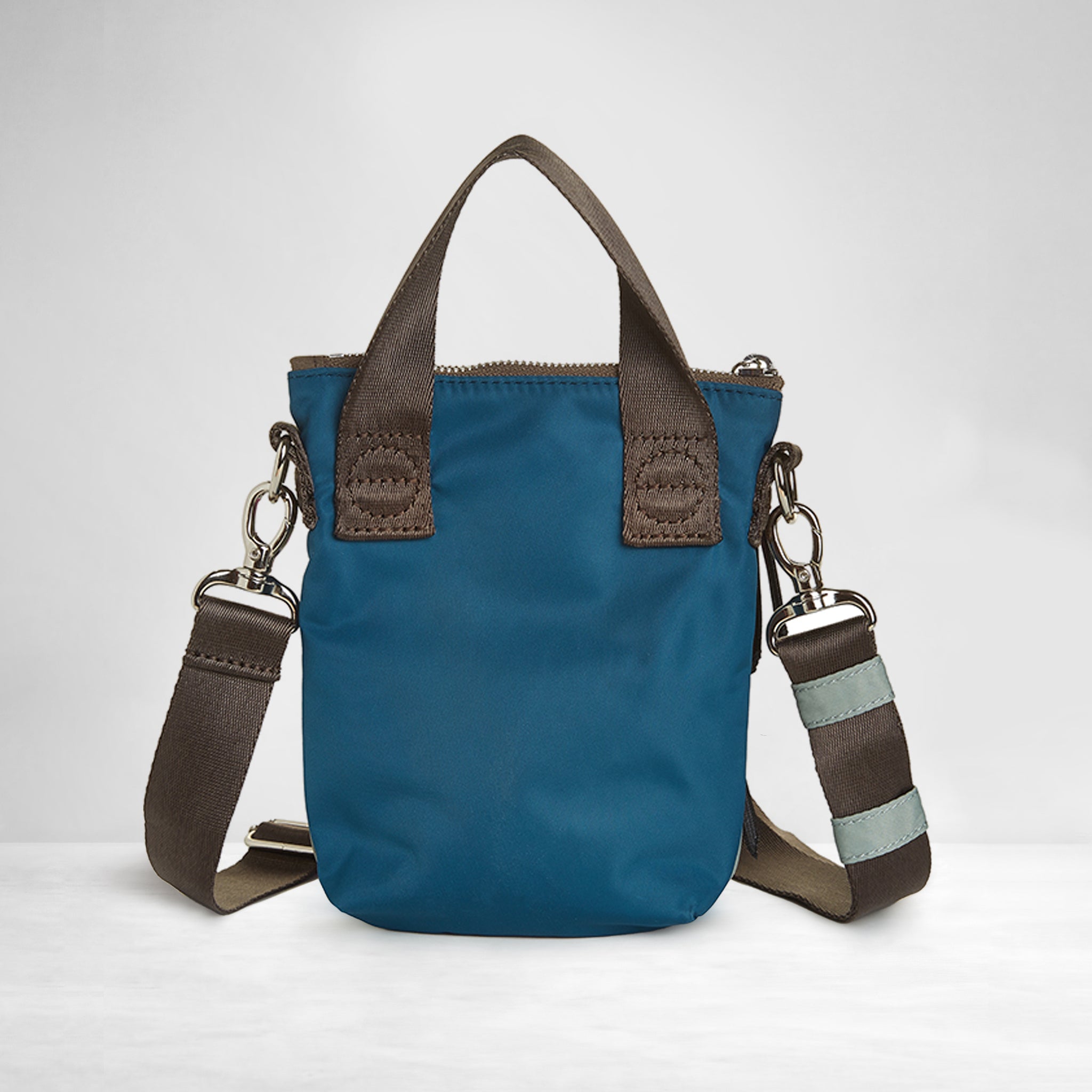 shortyLOVE shorthand small crossbody bag in slate/teal; back view against white background.