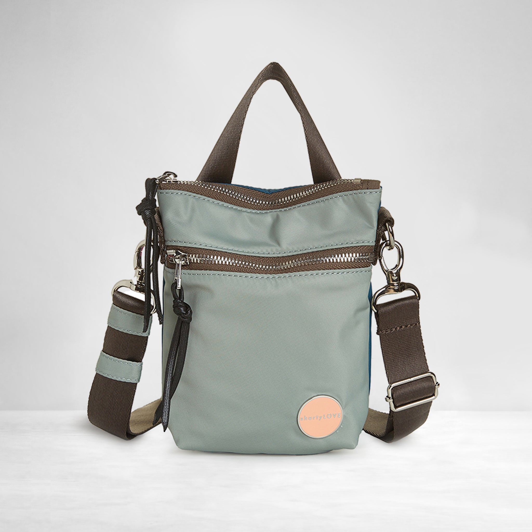 shortyLOVE shorthand small crossbody bag in slate/teal; front view against white background.