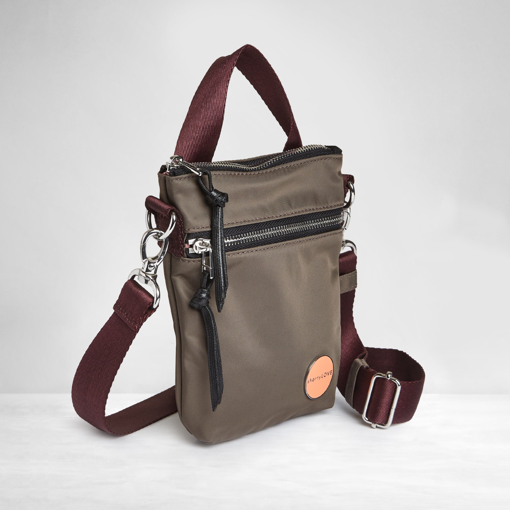 shortyLOVE shorthand small crossbody bag in mocha; side angle view against white background.