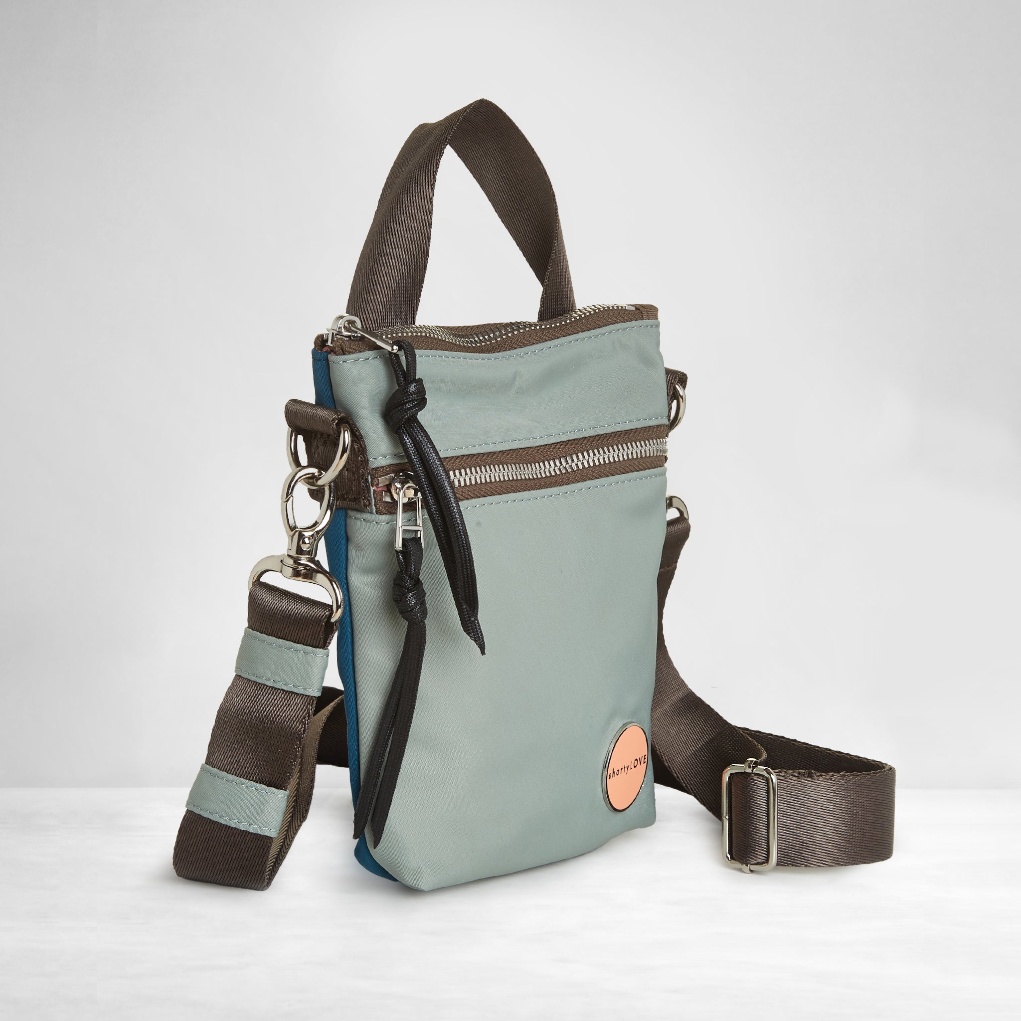 shortyLOVE shorthand small crossbody bag in slate/teal; side view against white background.