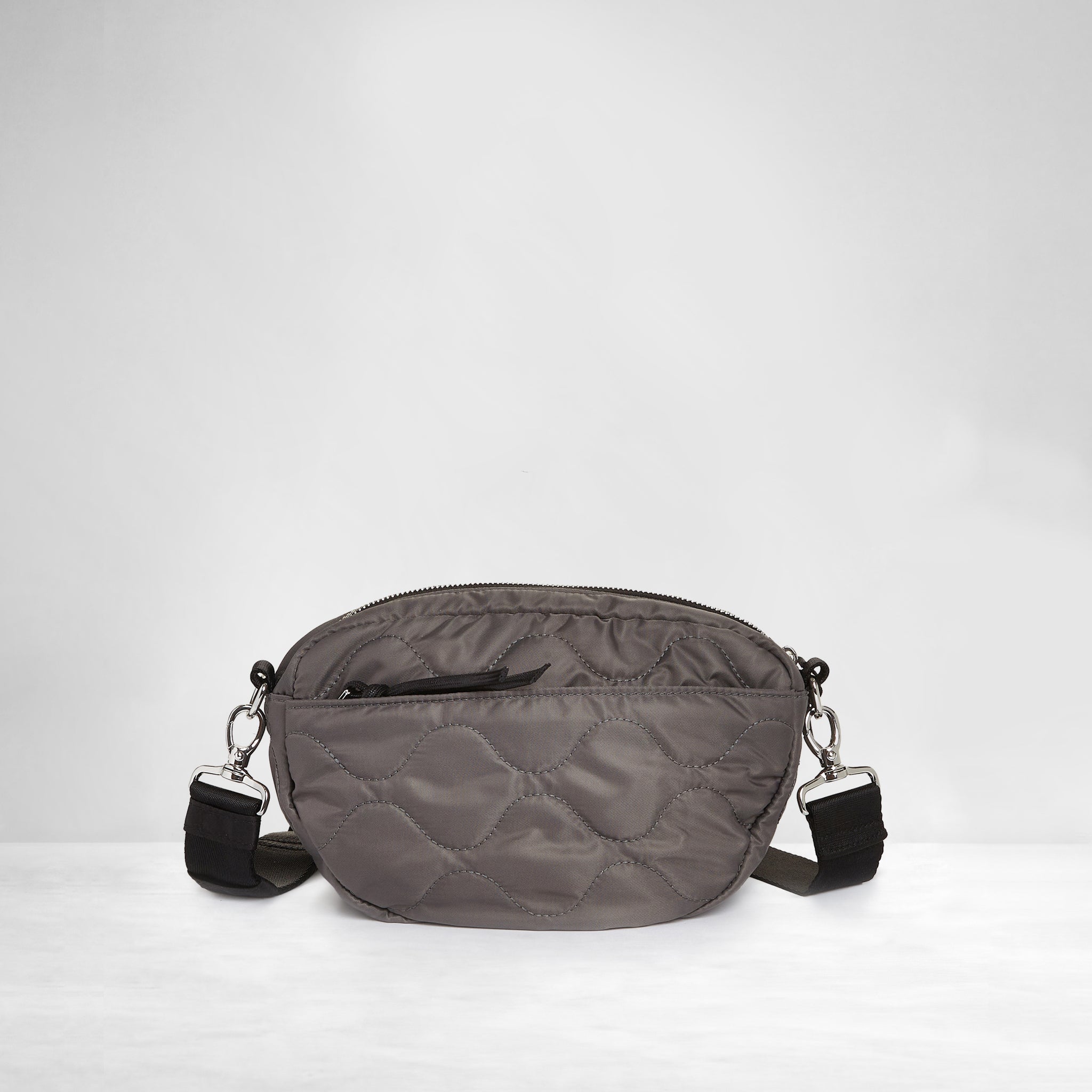 shortyLOVE small cruiser small crossbody bag in pewter; back view against white background.