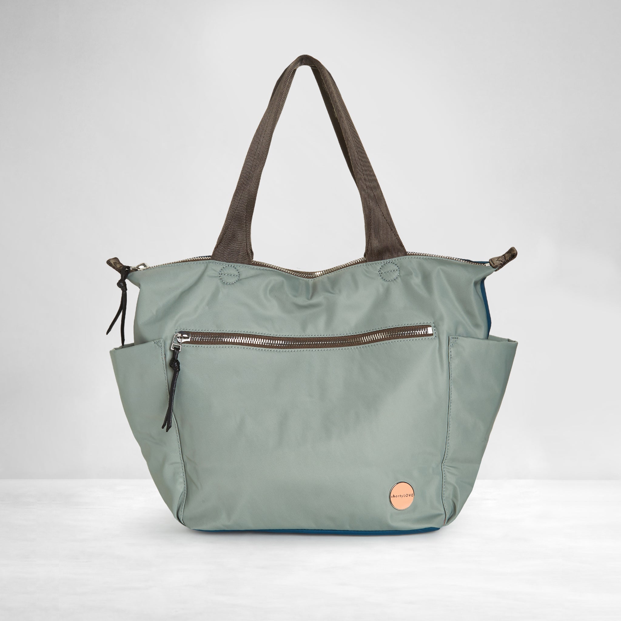 shortyLOVE tillie tote bag in slate/teal; front view against white background.