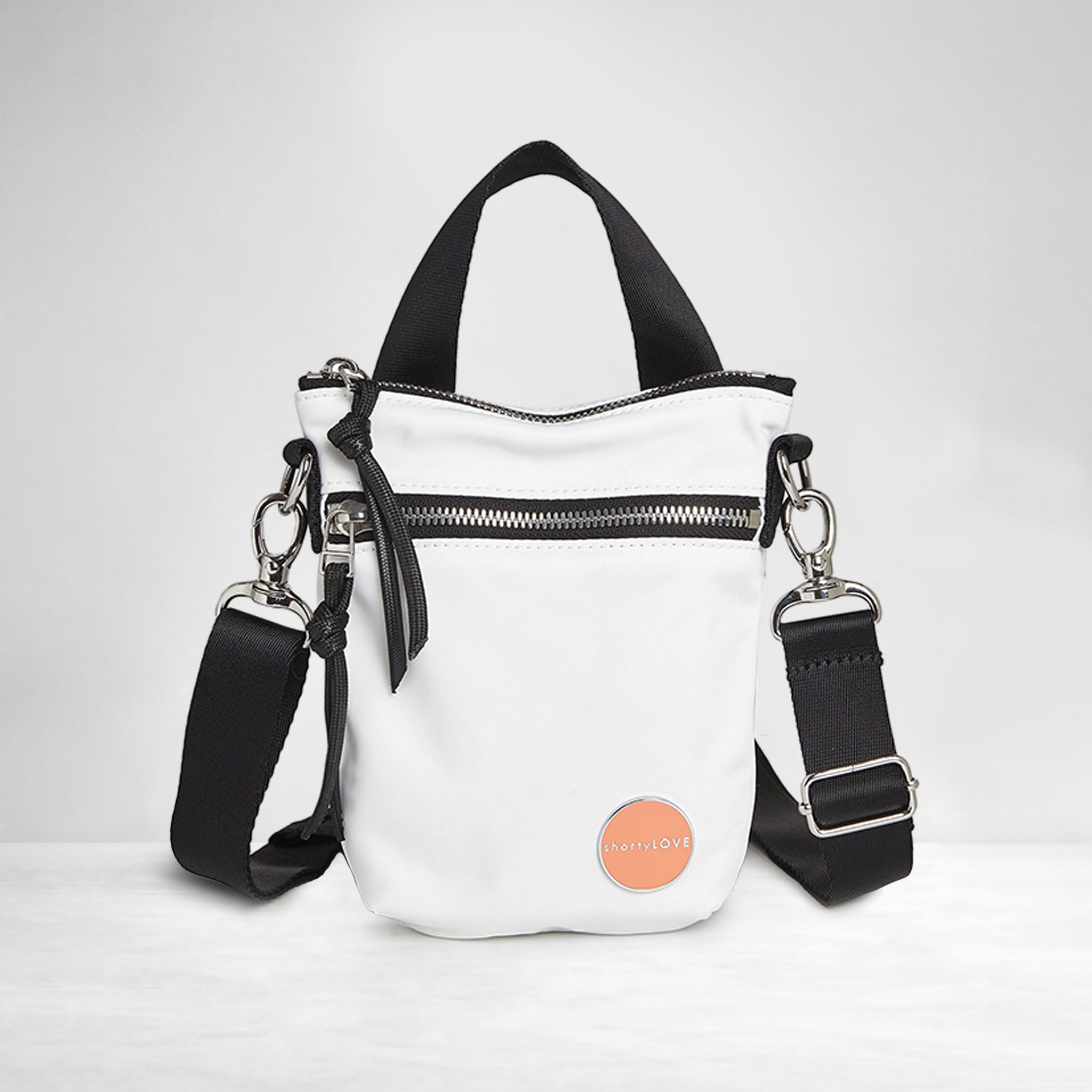 shortyLOVE shorthand women’s designer crossbody handbag in white; front view against white background
