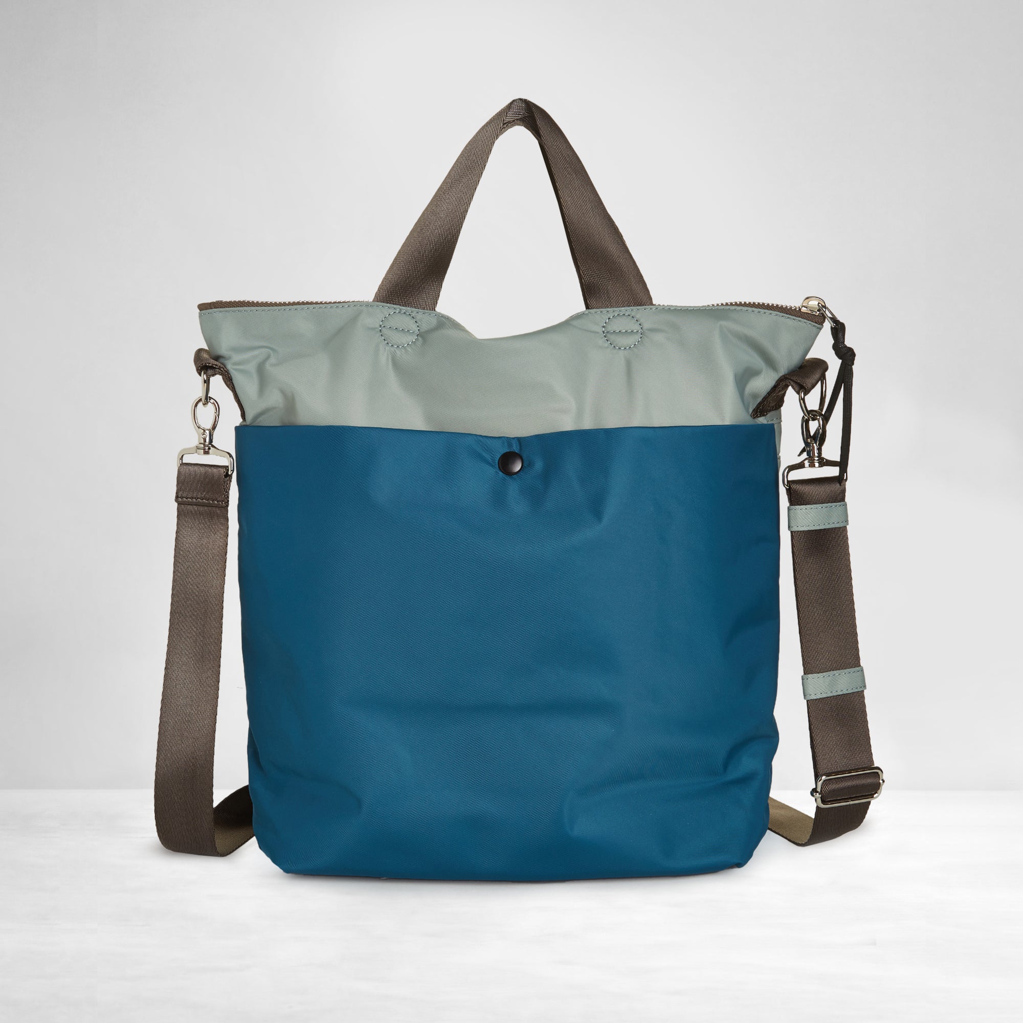 shortyLOVE wonder large crossbody/messenger bag in slate/teal; back view against white background.