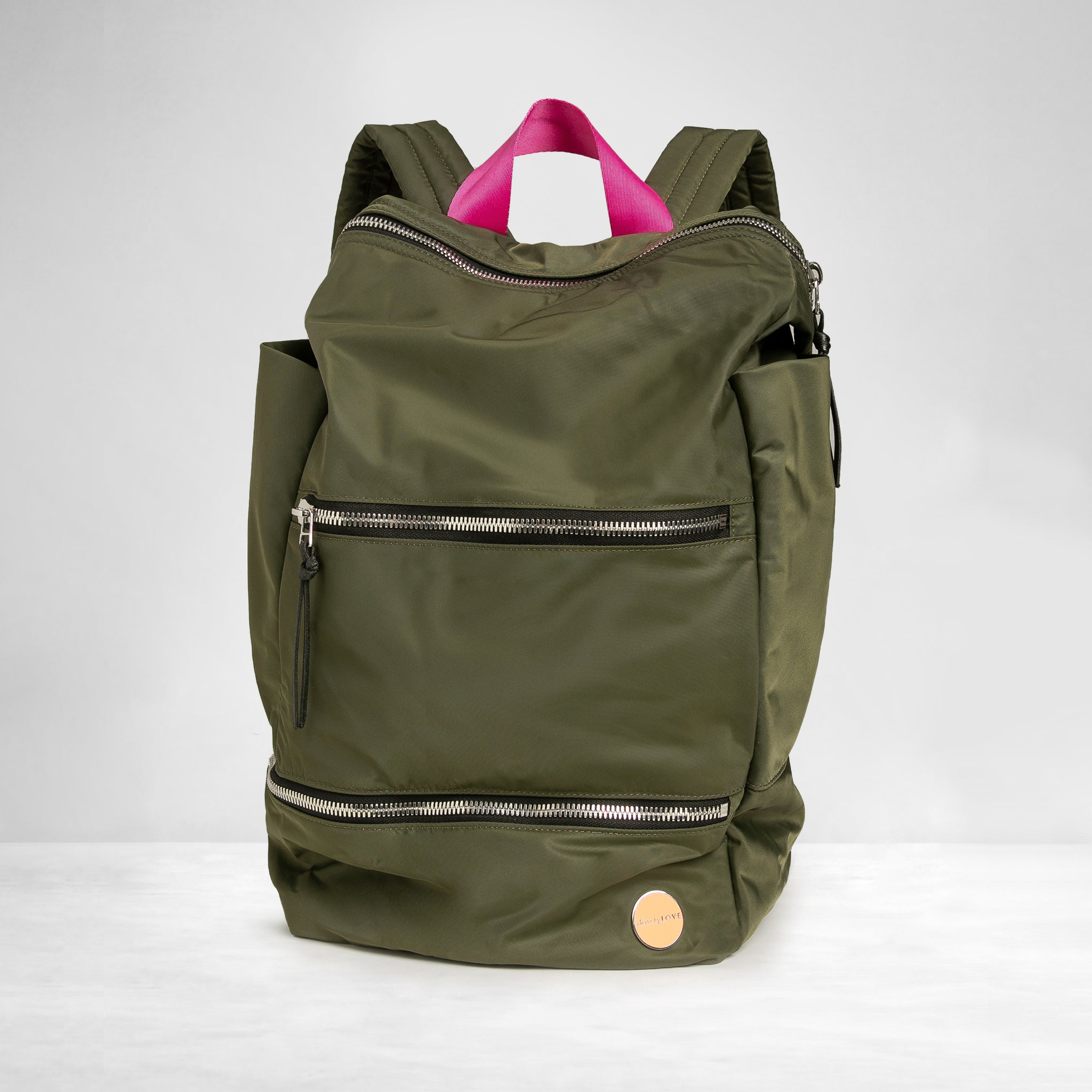 shortyLOVE boxer backpack bag in army green; front view against white background.