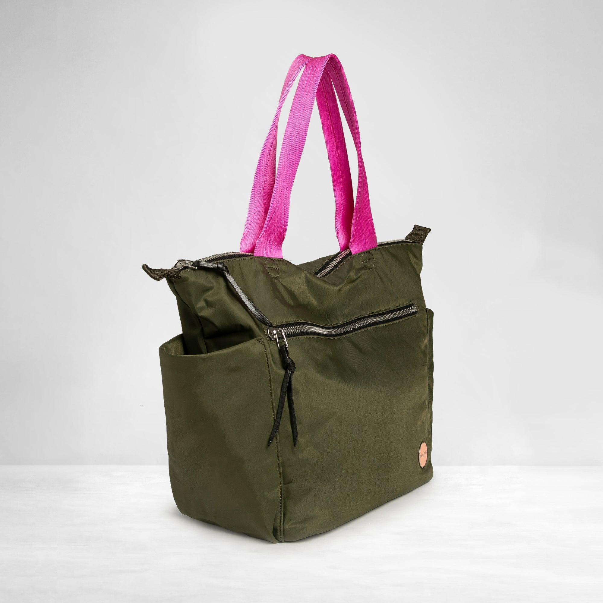 shortyLOVE tillie tote bag in army green; side angle view against white background.
