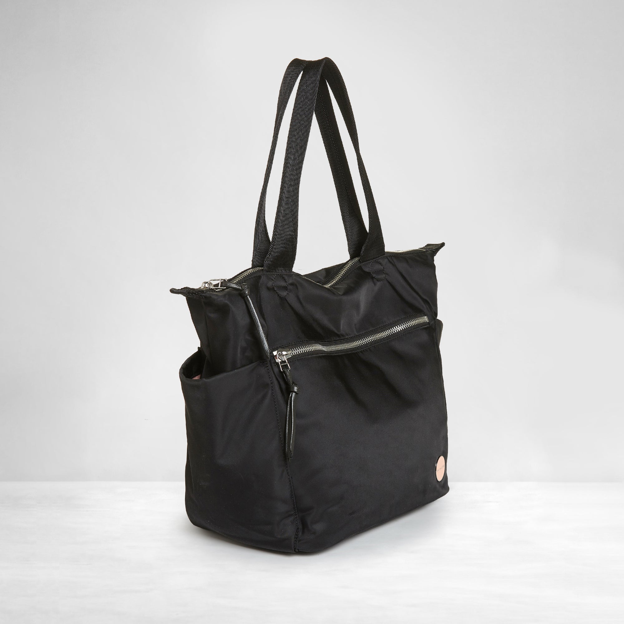 shortyLOVE tillie tote bag in black; side angle view against white background.
