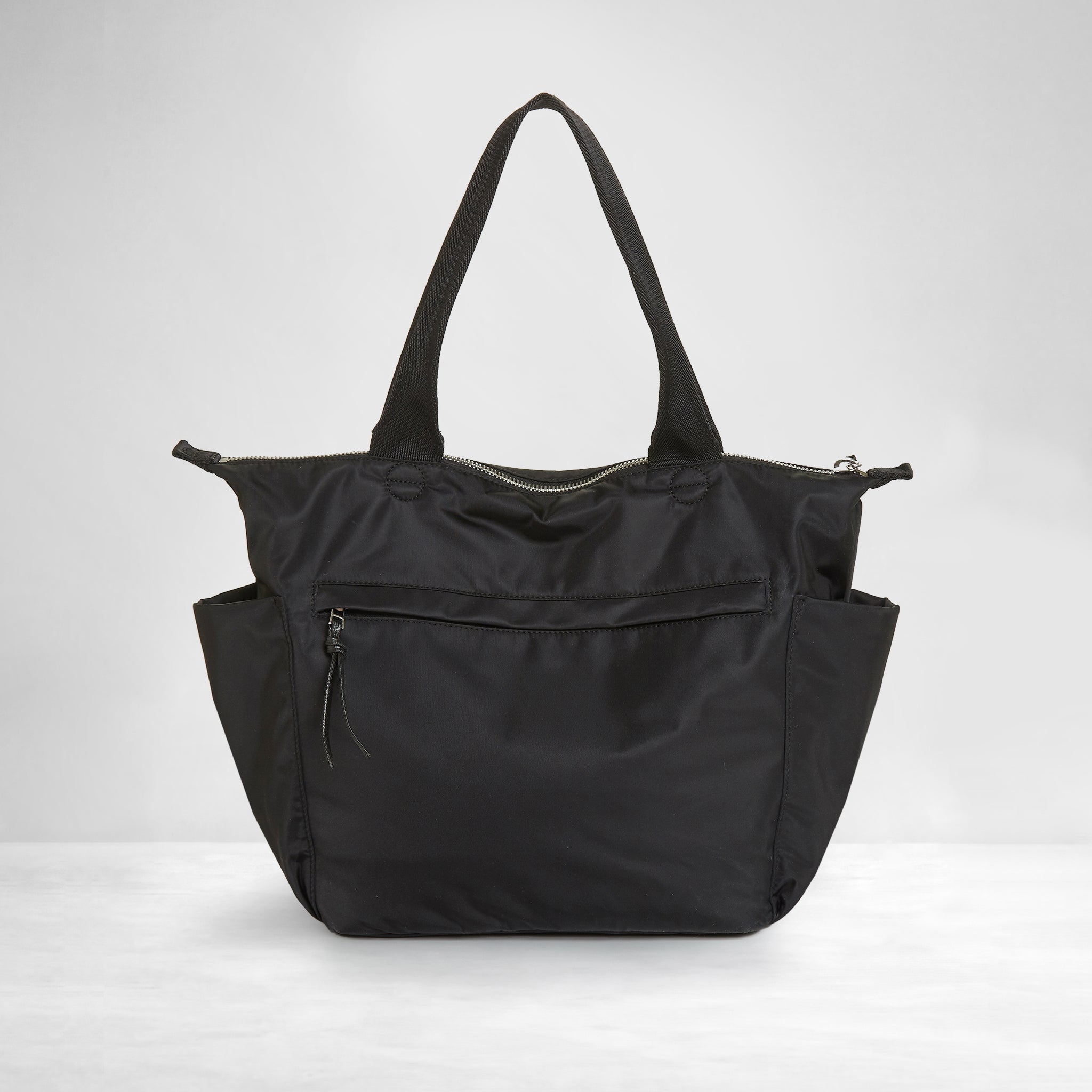 shortyLOVE tillie tote bag in black; back view against white background.