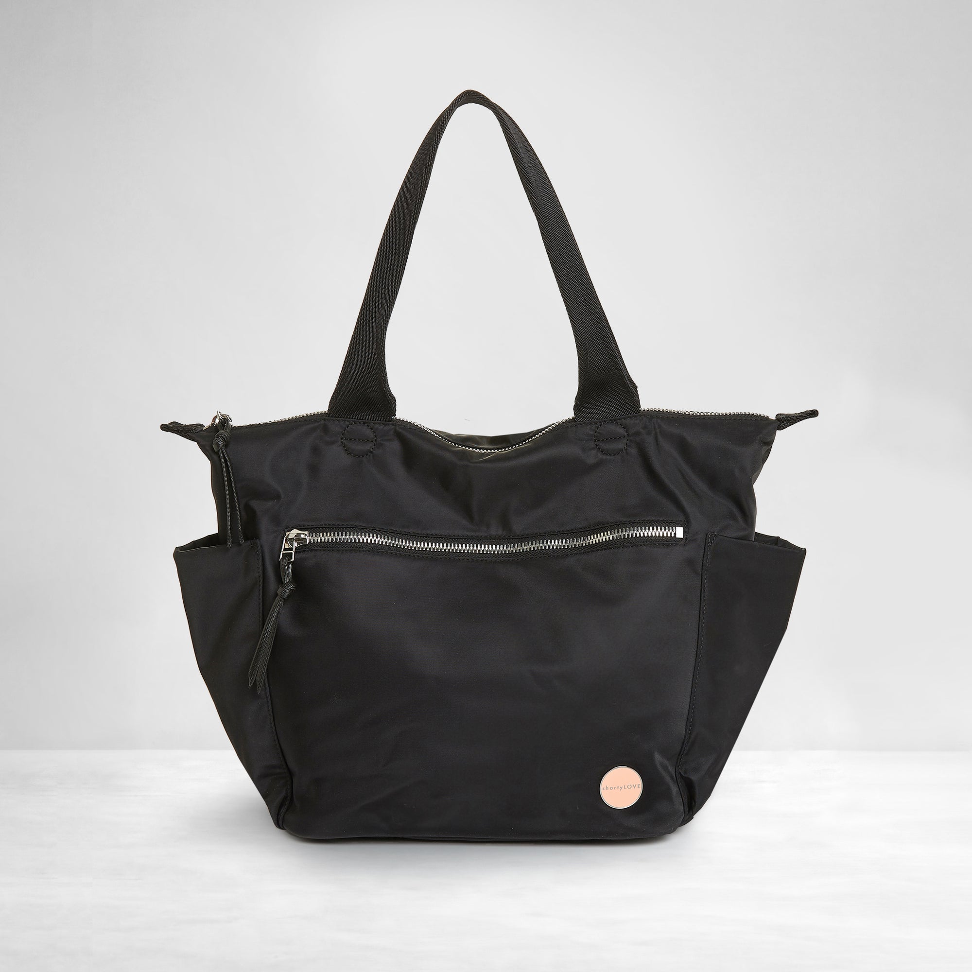 shortyLOVE tillie designer nylon tote handbag in black; front view against white background