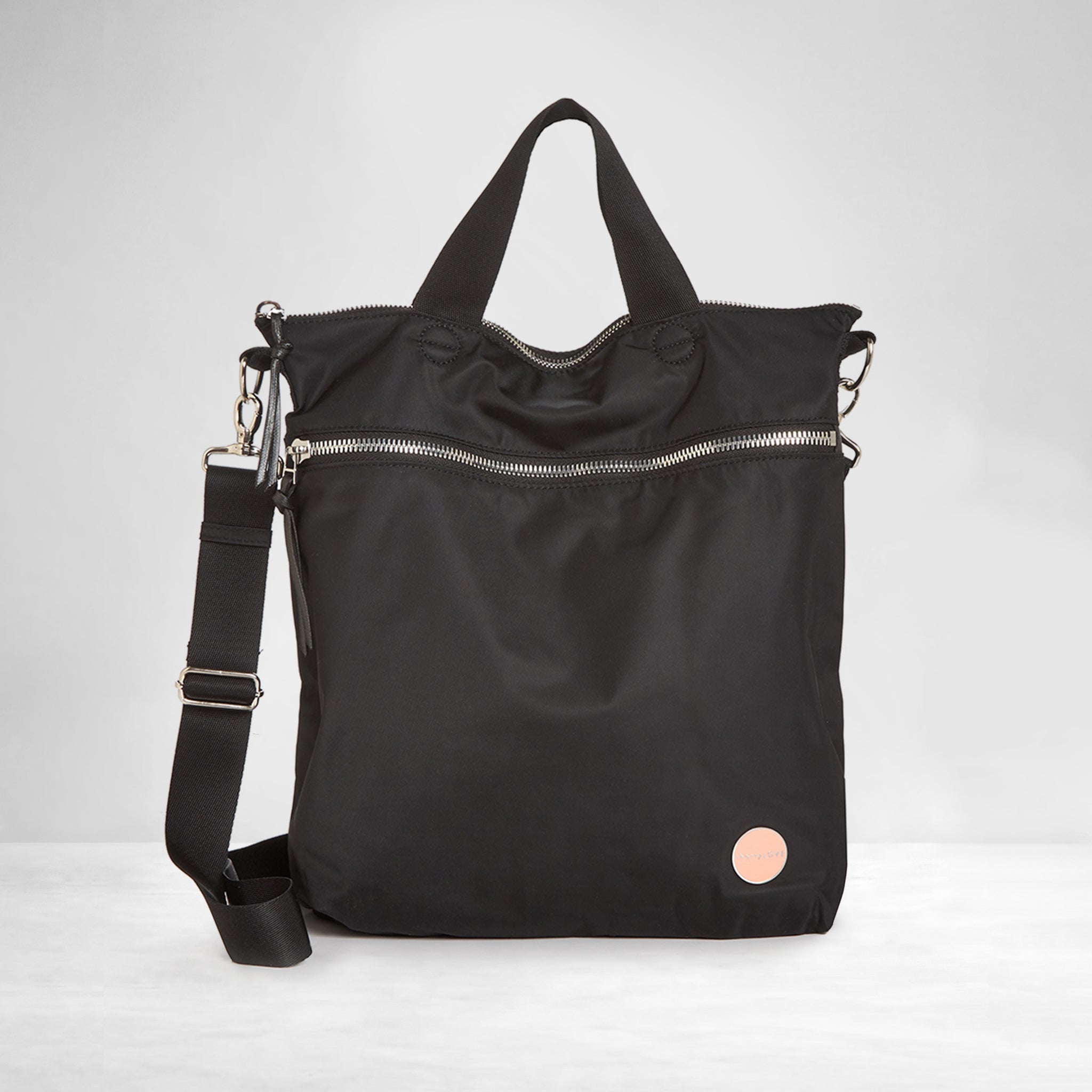 shortyLOVE large women’s designer crossbody/messenger handbag in black; front view against white background