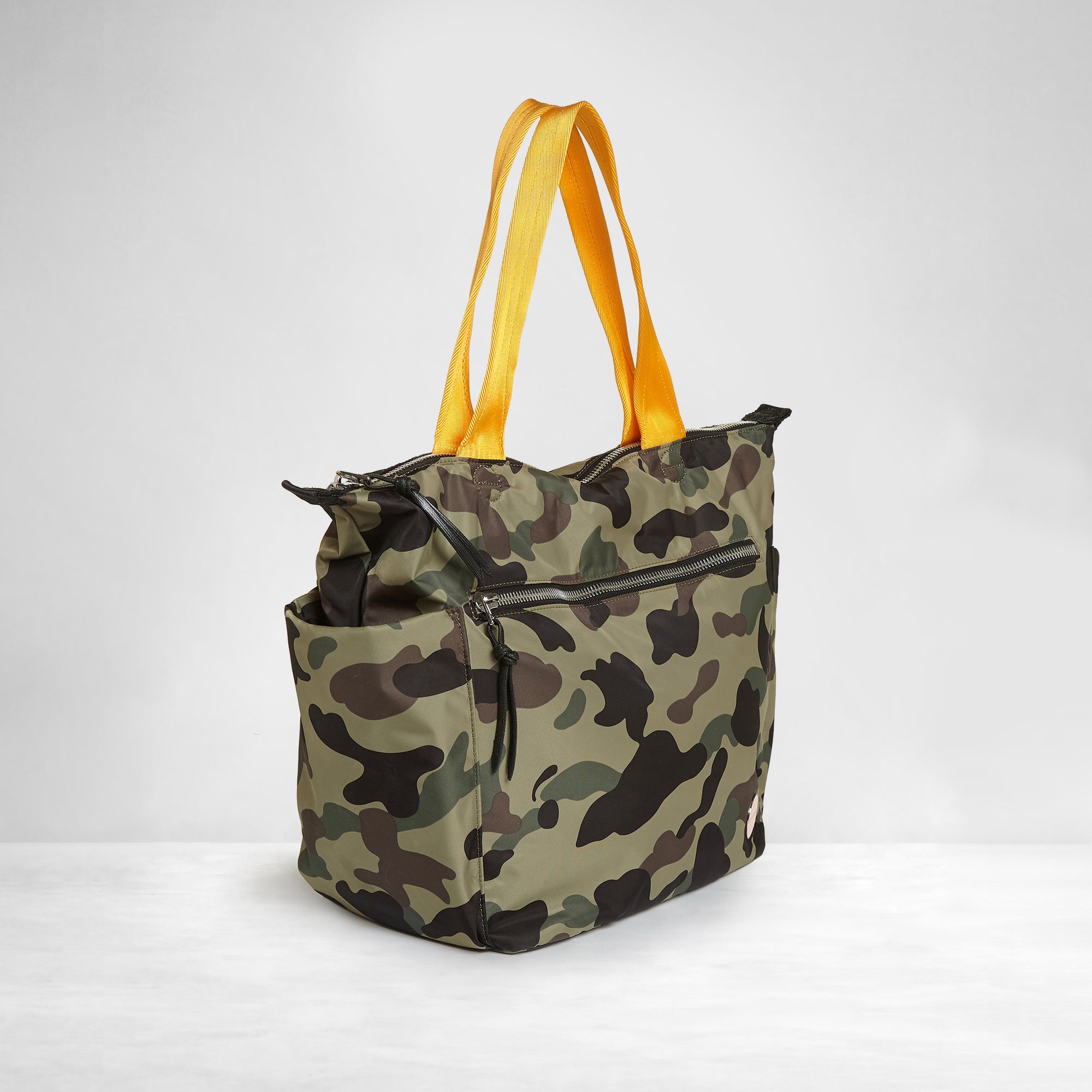 shortyLOVE tillie tote bag in green camo; side view against white background.
