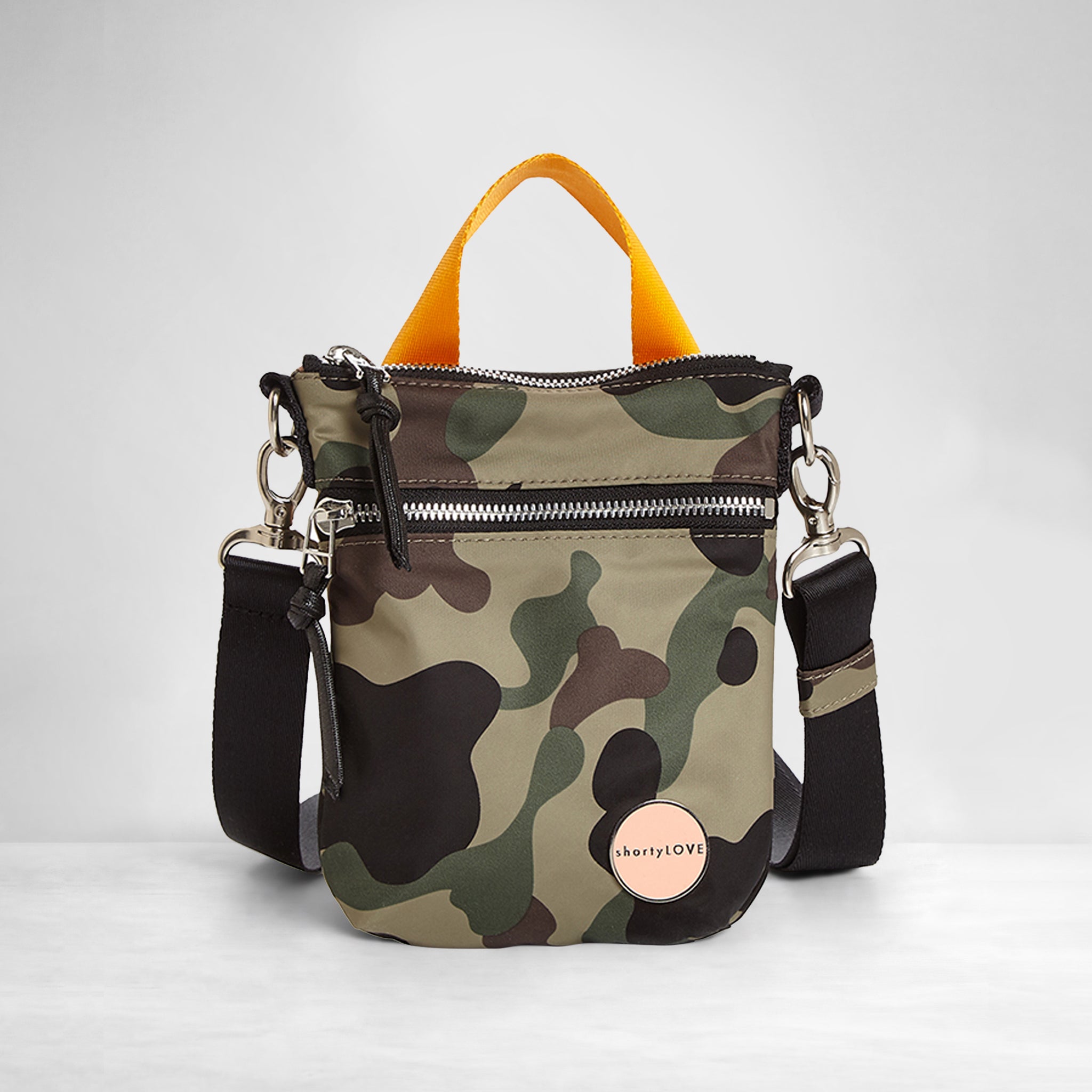 shortyLOVE shorthand crossbody phone bag in green camo; front view against white background