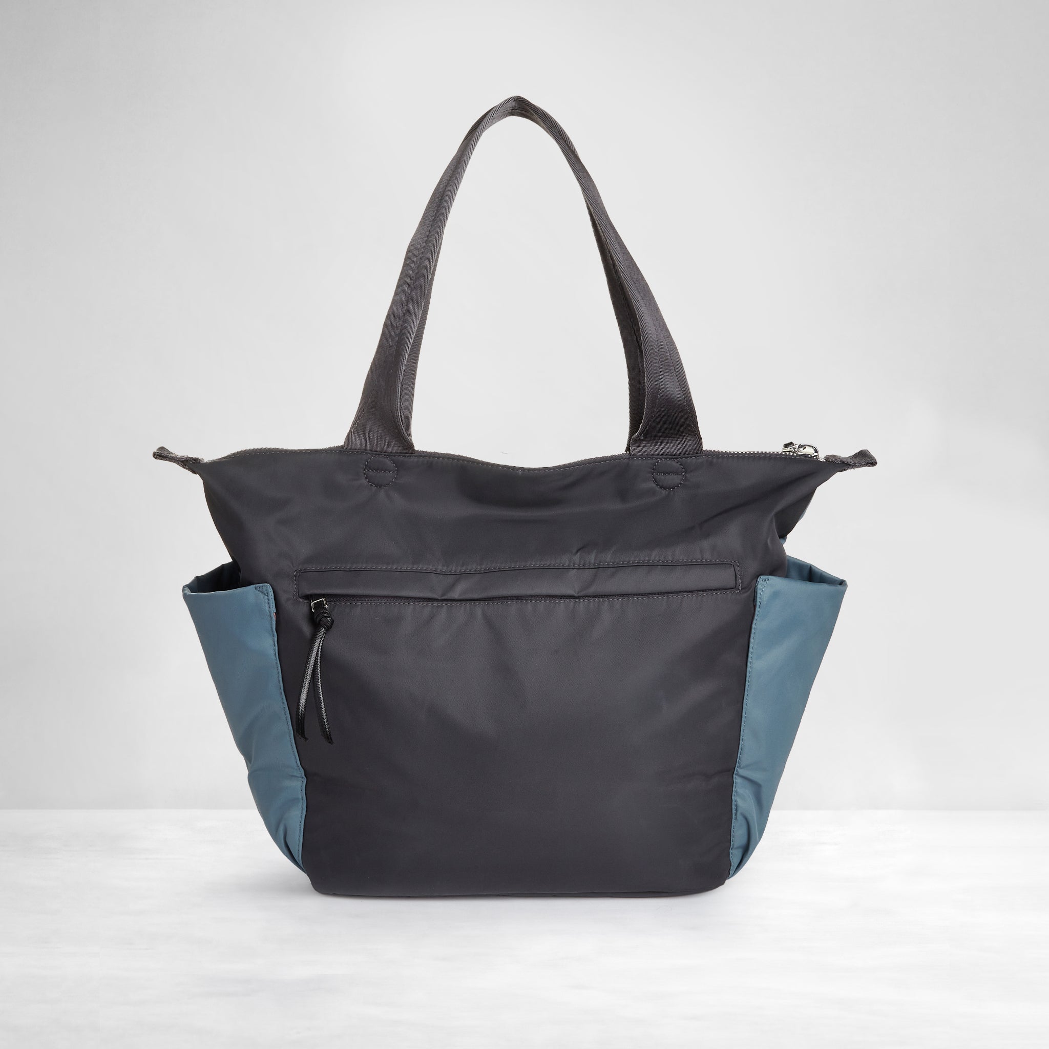 shortyLOVE tillie tote bag in steel blue/charcoal; back view against white background.