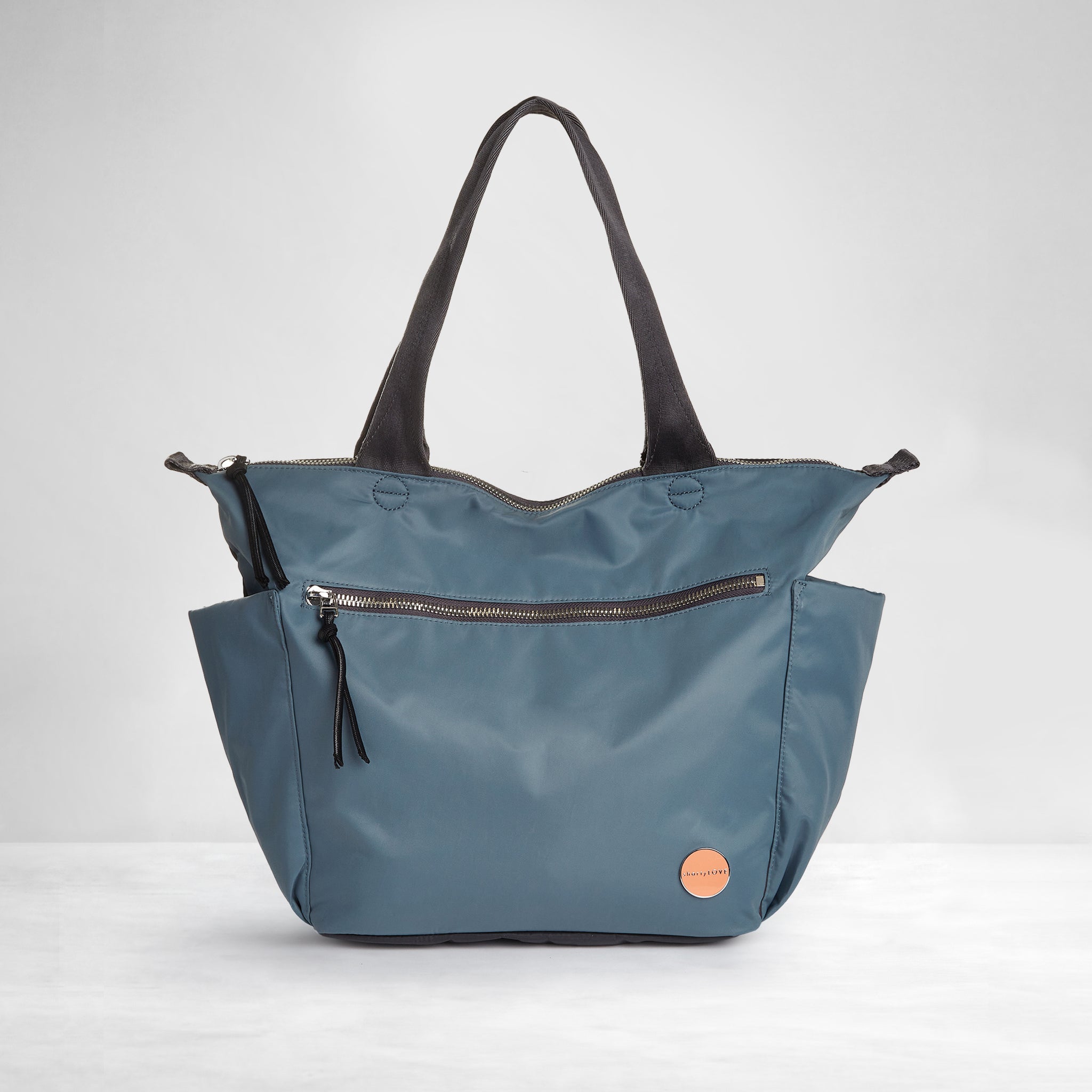 shortyLOVE tillie tote bag in steel blue/charcoal; front view against white background.