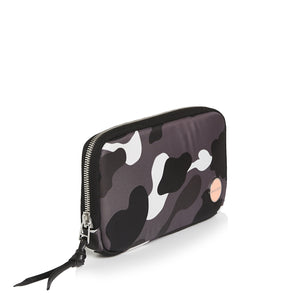 shortyLOVE jetty clutch/wallet in grey camo; side angle view against white background.