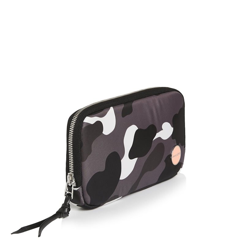 shortyLOVE jetty clutch/wallet in grey camo; side angle view against white background.