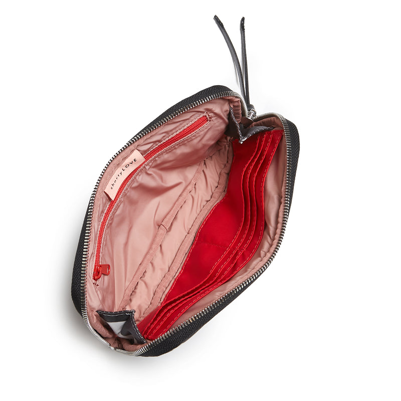 shortyLOVE jetty clutch/wallet in grey camo; top-down view showing interior blush lining against white background.