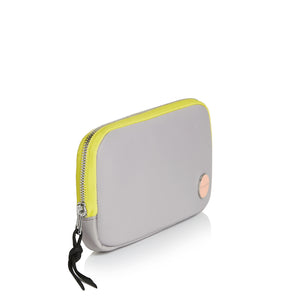 shortyLOVE jetty clutch/wallet in grey; side angle view against white background.