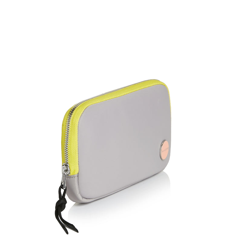 shortyLOVE jetty clutch/wallet in grey; side angle view against white background.