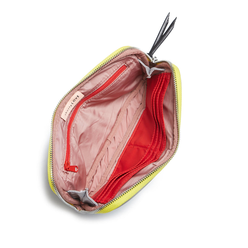 shortyLOVE jetty clutch/wallet in grey; top-down view showing interior pink lining against white background.