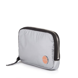 shortyLOVE jetty clutch/wallet in silver; side angle view against white background.