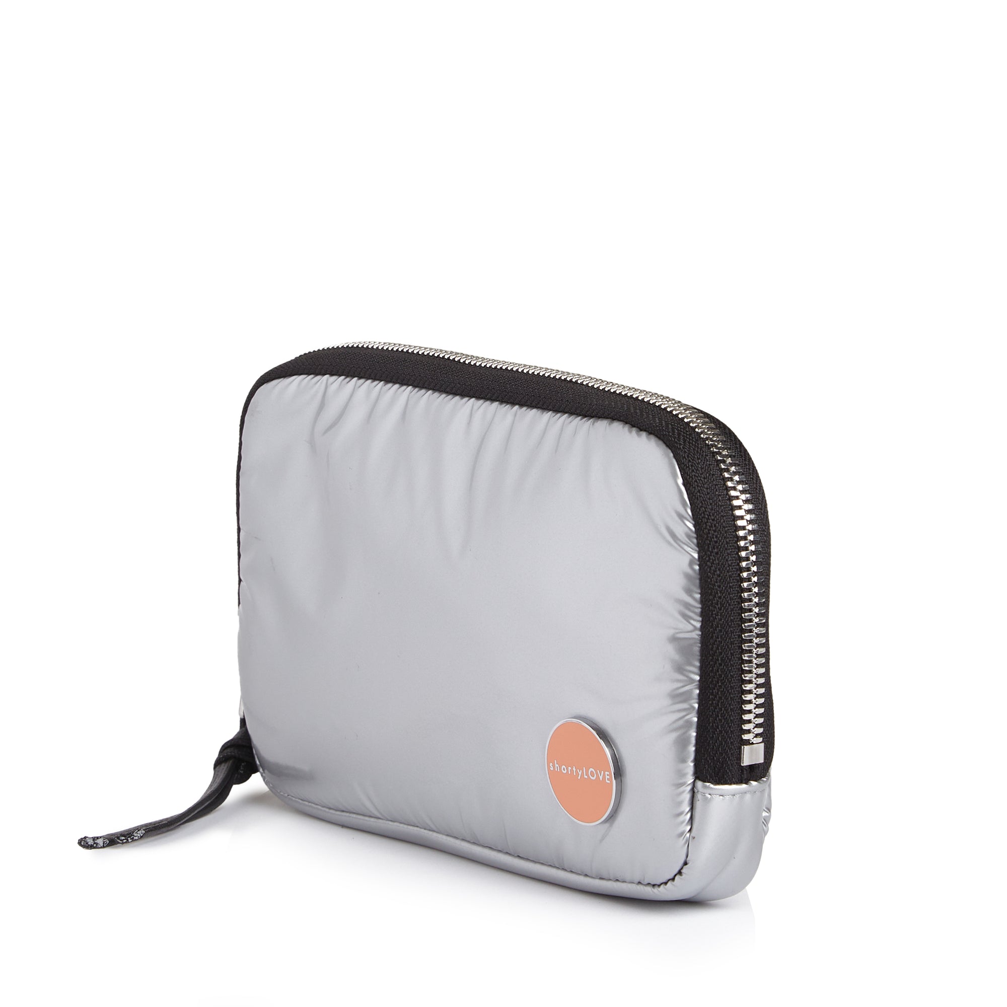 shortyLOVE jetty clutch/wallet in silver; front view against white background.