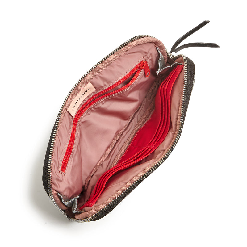 shortyLOVE jetty clutch/wallet in silver; top-down view showing interior silver lining against white background.