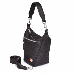 shortyLOVE marcel crossbody bucket bag in black; side view against white background.