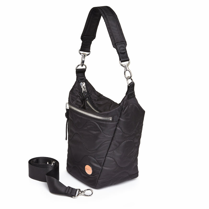 shortyLOVE marcel crossbody bucket bag in black; side view against white background.