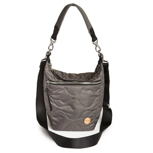 shortyLOVE marcel crossbody bucket bag in pewter; front view against white background.