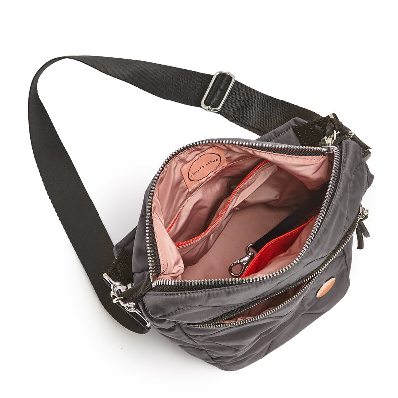 shortyLOVE marcel crossbody bucket bag in pewter; top-down view showing interior blush lining against white background.