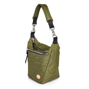 shortyLOVE marcel crossbody bucket bag in sage; side view against white background.