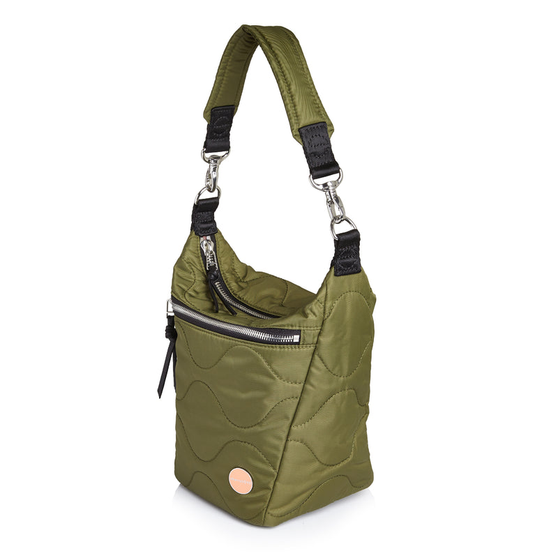 shortyLOVE marcel crossbody bucket bag in sage; side view against white background.