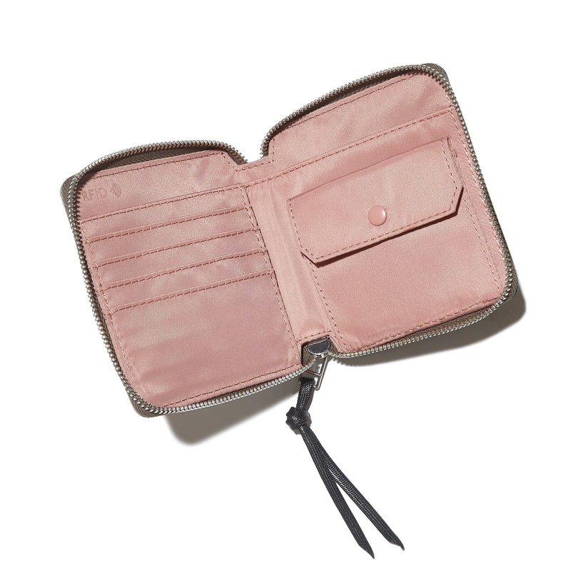 shortyLOVE merchant clutch/wallet in slate/teal; top-down view showing interior slate/teal lining against white background.