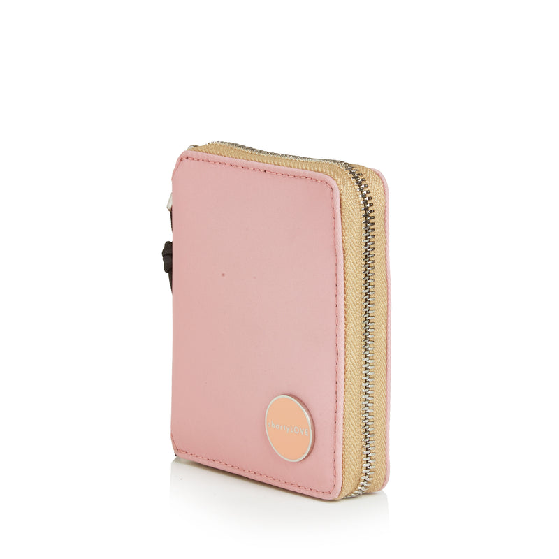 shortyLOVE merchant clutch/wallet in pink; side view against white background.