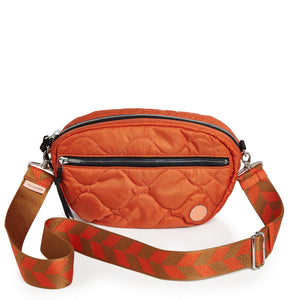shortyLOVE boardwalk strap in arrow design orange/tobacco; shown with small cruiser bag in orange.